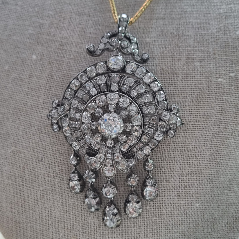 Antique 16cts Old Mine Cut Diamond Tassel Fringe Pendant come Brooch - Image 2