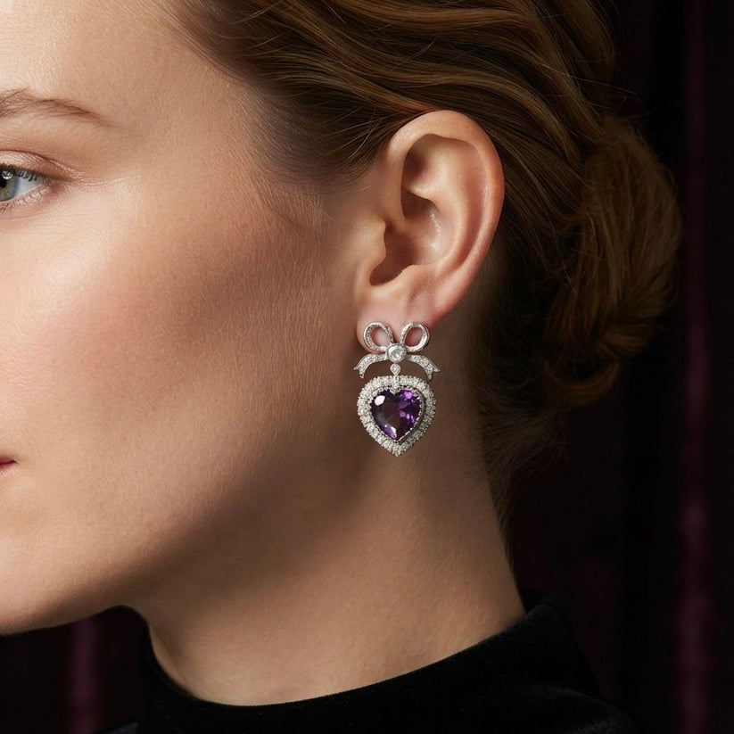 Vintage 20cts Heart Shape Amethyst and Diamond Cluster Bow Drop Earrings - Image 2