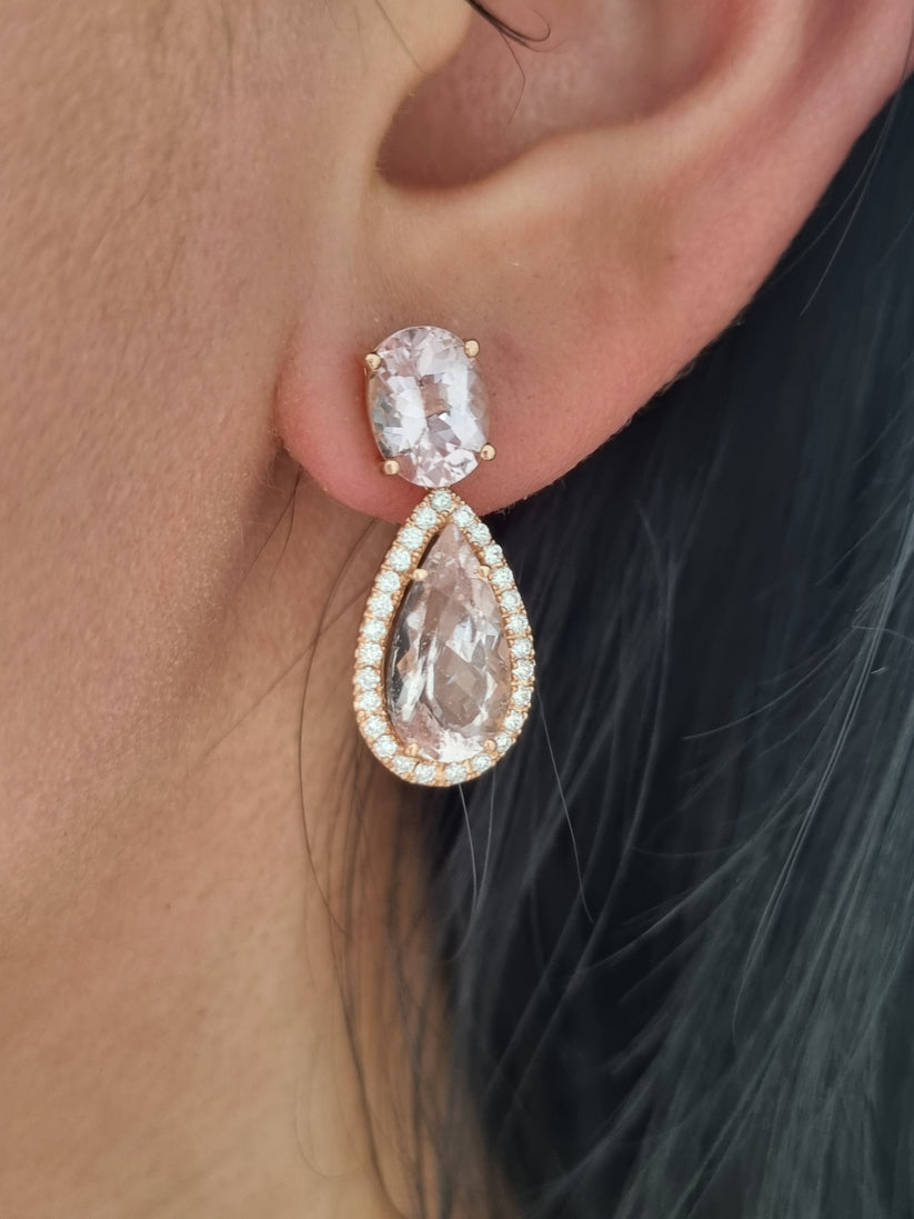 6.98 Pear Cut Morganite and Diamond Cluster Drop Earrings in Rose Gold - Image 4