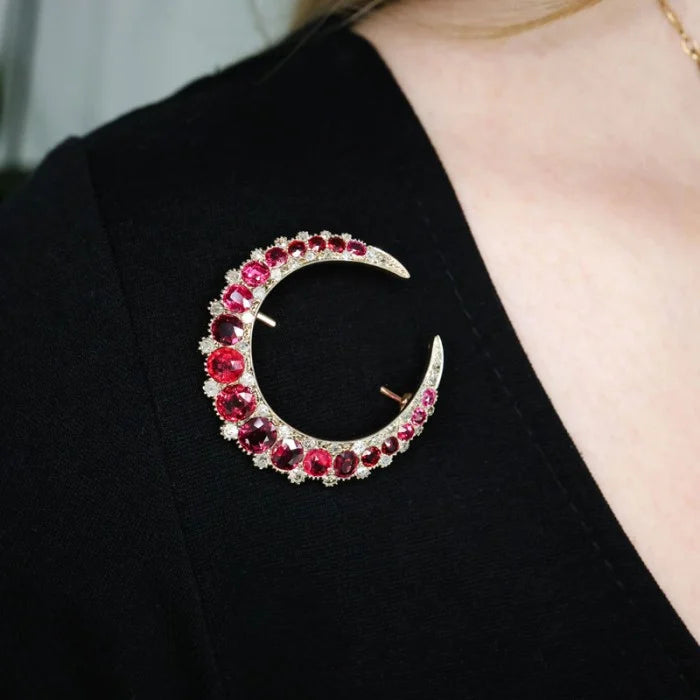Victorian Antique Natural Burma Red Spinel and Diamond Crescent Moon Brooch - Image 4