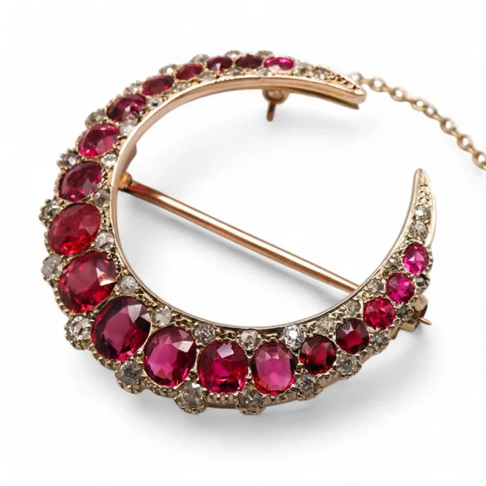 Victorian Antique Natural Burma Red Spinel and Diamond Crescent Moon Brooch - Image 2