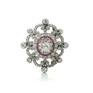 Antique Victorian Diamond And Ruby Brooch, 9 ct Gold And Silver