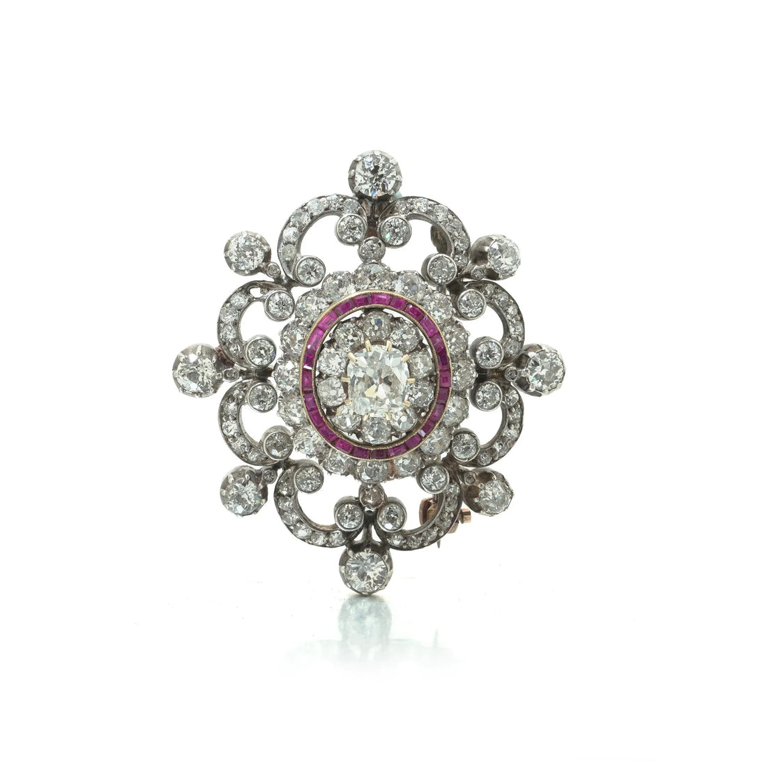 Antique Victorian Diamond And Ruby Brooch, 9 ct Gold And Silver - Image 2