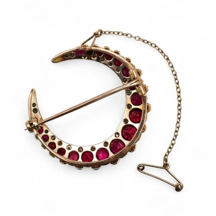 Victorian Antique Natural Burma Red Spinel and Diamond Crescent Moon Brooch - Image 3