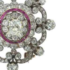 Antique Victorian Diamond And Ruby Brooch, 9 ct Gold And Silver