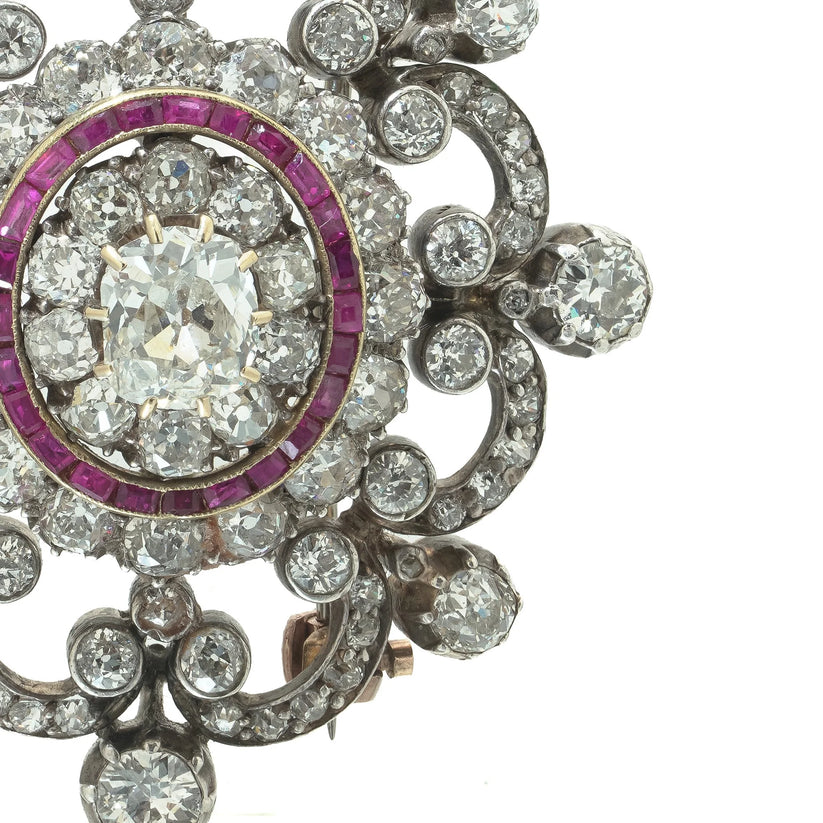 Antique Victorian Diamond And Ruby Brooch, 9 ct Gold And Silver - Image 3