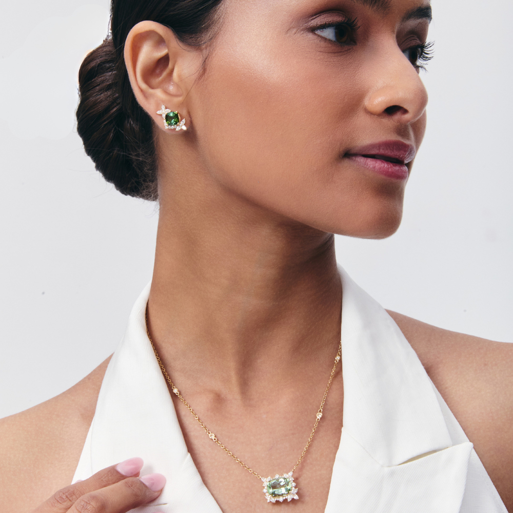 Thorns & Roses Cushion Light Green Tourmaline and Diamond Necklace - Image 2