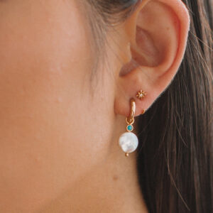 Gold Pearl and Turquoise Charm Hoop Earrings