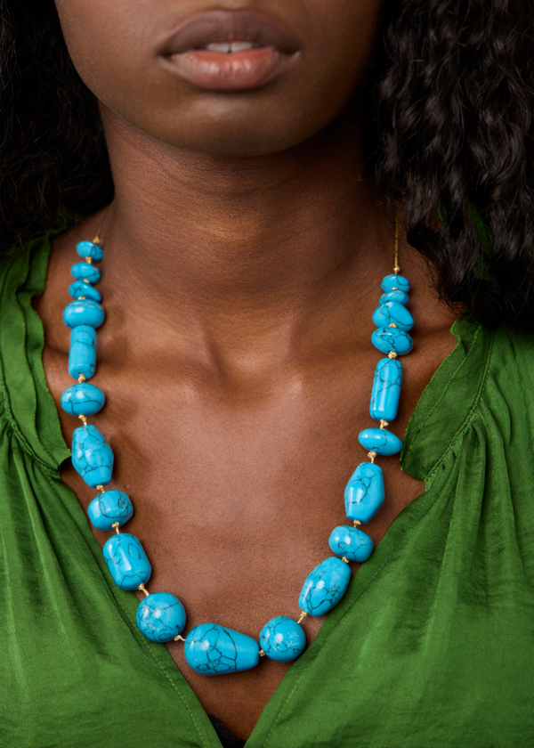 18kt Gold Vermeil PSTM Afghanistan Turquoise Multi Beads Necklace on Cord - Image 3