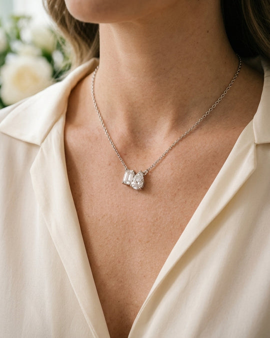 Toi Et Moi - Platinum Emerald & Pear Lab-Grown Diamond Pendant Necklace - Image 4