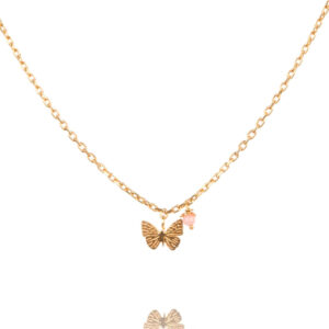 Sterling Silver or Gold Tiny Butterfly Necklace with Pink Flower