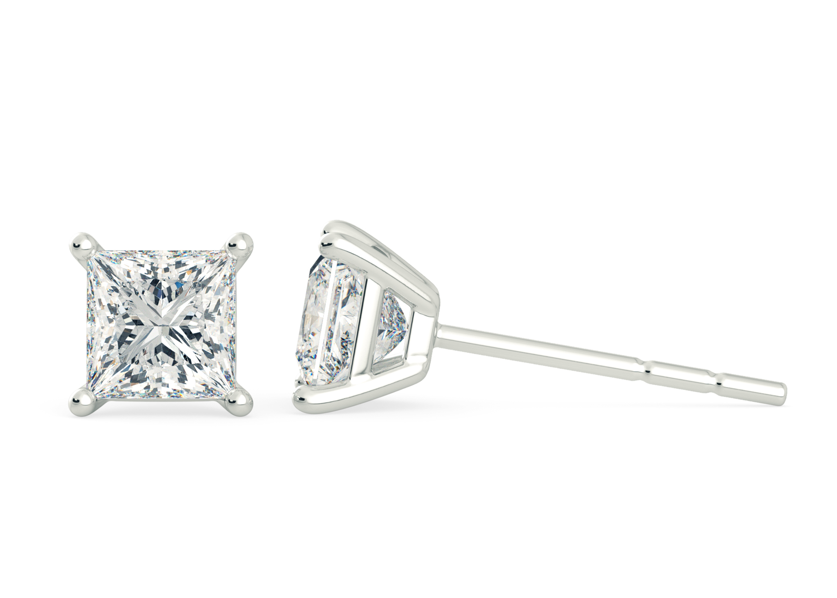 Ettore Princess Diamond Stud Earrings in Platinum with Butterfly Backs - Image 2