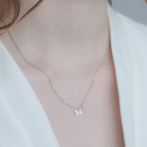 Sterling Silver or Gold Tiny Butterfly Necklace with Pink Flower