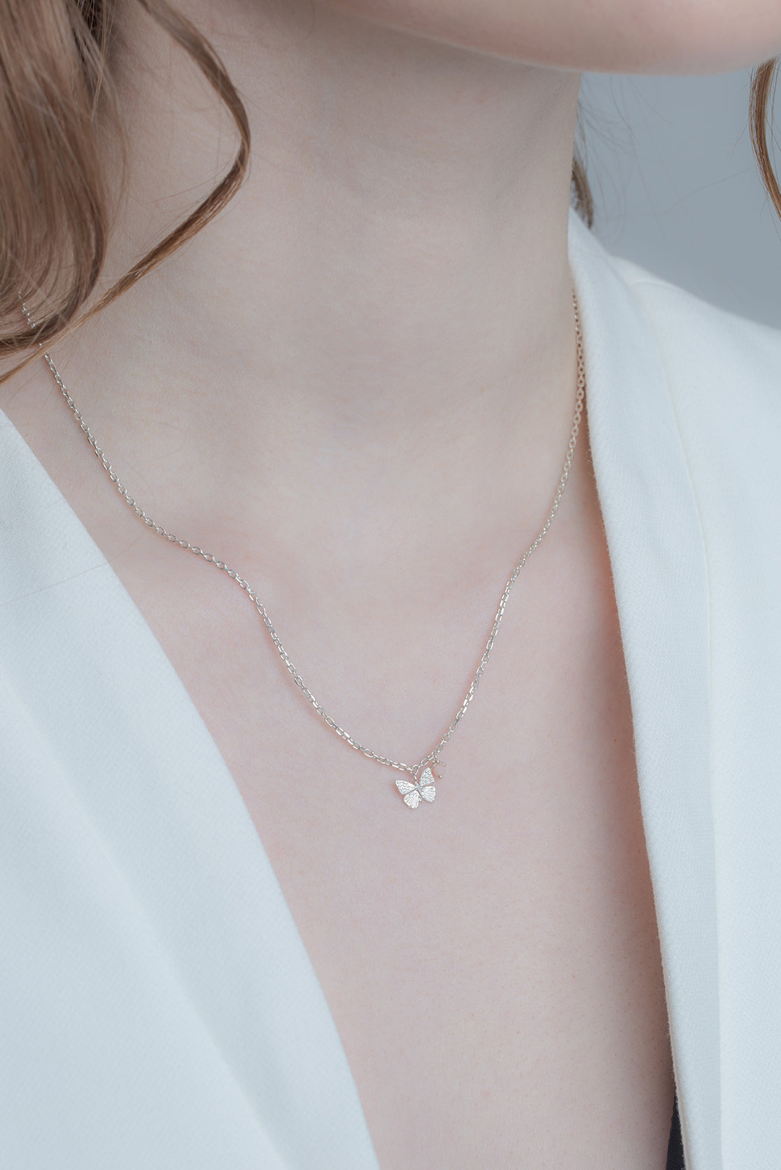 Sterling Silver or Gold Tiny Butterfly Necklace with Pink Flower - Image 2